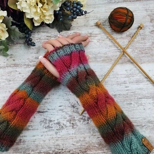 Handmade Cable-Knit Long Fingerless Gloves Multicolor Hand Knit Cable Adult Size - Picture 1 of 5