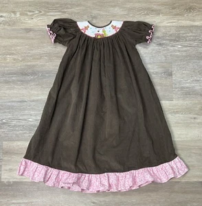 Smocked Gingerbread Long Christmas Bishop Dress Candyland Sz 5 Brown Pink Cord - Picture 1 of 8