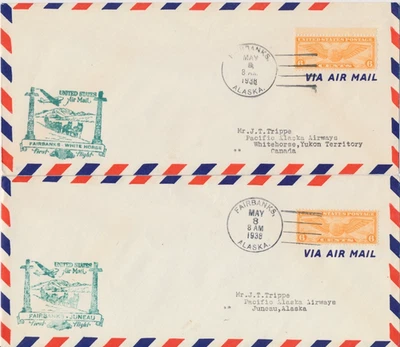 Correo aéreo estadounidense Fairbanks Alaska a Juneau y White Horse Yukan Territory 2 cubiertas #C1 Foto 1 de 2