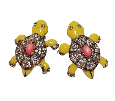 Post Earrings Sea Turtle Yellow Enamel  Rhinestones 1.25 Inch - Image 1 of 4