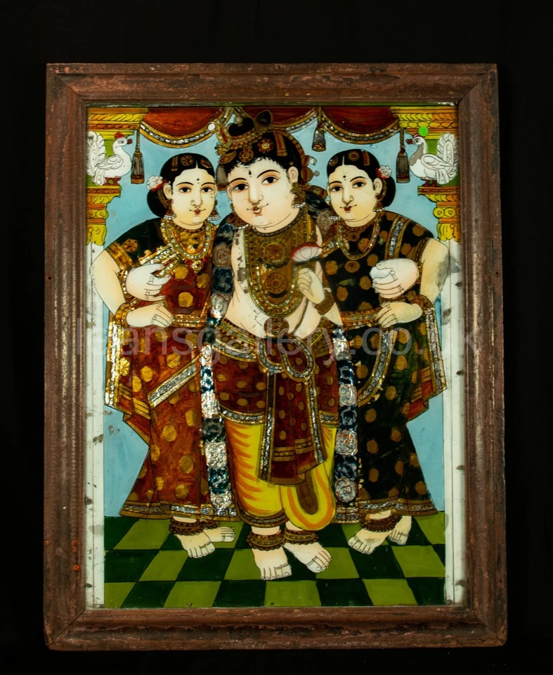 Glass Painting,  Reverse, of Lord Krishna, with Consorts Rukmini and Satyabhama - Image 1 of 4