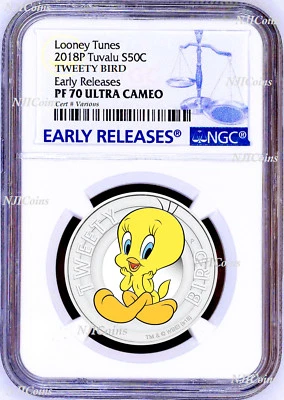 2018 TUVALU Looney Tunes TWEETY BIRD Silver Proof NGC PF70 Half Dollar Coin ER - Image 1 of 4