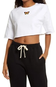 BP. Organic Cotton Crop Sweatshirt in White Butterfly Embroidered, Size Small - Picture 1 of 6
