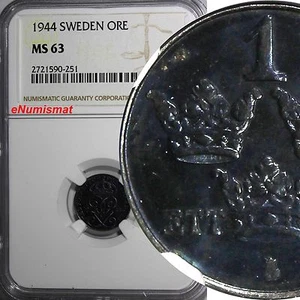 SWEDEN Gustaf V IRON 1944 1 ORE NGC MS63 1 GRADED HIGHER WWII Issue KM# 810 (51) - Picture 1 of 4