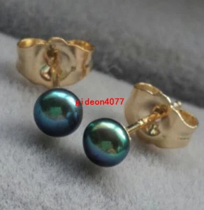 Wholesale AAAA natural small pearl 3-4mm black green Tahitian pearl earring 14K - Picture 1 of 3