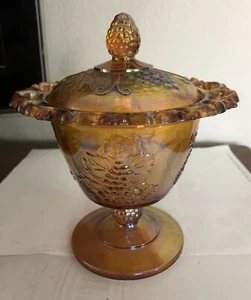 Vintage Indiana Lace open edge glass Compote Dish w/ lid “Golden harvest grape" - Picture 1 of 5