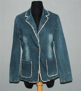 ZION Distressed Light Centers Stretch Denim Crocheted Borders Blazer Wm's L EXC - Picture 1 of 1