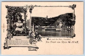 Postal alemana antigua de 1908 Cheers from the Rhine bebiendo vino - Imagen 1 de 3