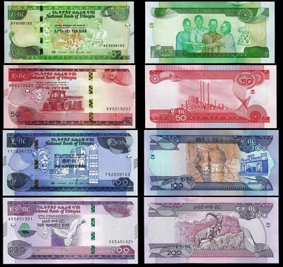 Ethiopia 4 PCS SET, 10 50 100 200 Birr 2015 - 2023, UNC, P-53 54 55 56 - Image 1 of 4