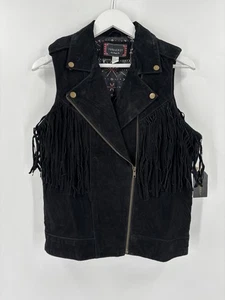 NWT Forever 21 Leather Vest Womens Medium Black Fringe Zip Up Asymmetrical Suede - Picture 1 of 17