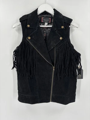 NWT Forever 21 Leather Vest Womens Medium Black Fringe Zip Up Asymmetrical Suede - Image 1 of 4