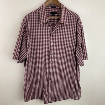 Van Heusen No Iron Shirt Mens 2XLT Tall XXL Burgundy Plaid Short Sleeve Button - Image 1 of 4