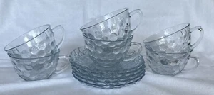 Vintage 1940s Anchor Hocking Bubble Blue Textured Glass ~ 6 Cups & 5 Saucers - Picture 1 of 24