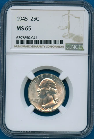 1945 P NGC MS65 Washington Silver Quarter 25c US Mint Coin 1945-P MS-65 Cover