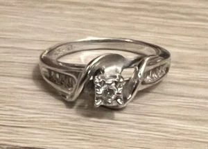 Sterling Silver Round and Baguette Diamond Engagement Ring .15ct - Picture 1 of 4