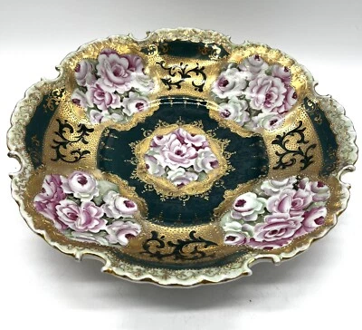 Antique Nippon Pink Roses Floral Medallion Bowl Heavy Gold Ornate Edge 10.5” - Image 1 of 4