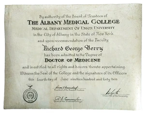 Diploma Certificado Colegio Médico Albany 1942 De Colección Doctor en Medicina - Imagen 1 de 5