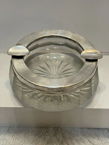 Antique Art Deco 800 Sterling Silver Clear Crystal Cut Glass Cigar Ashtray Cover