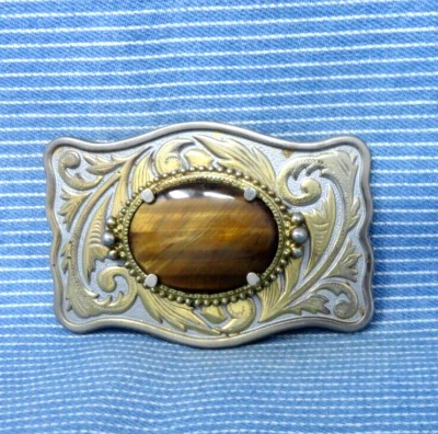 Western Scroll Belt Buckle Tigers Eye Stone Cowboy Cowgirl Vtg 70s 80s  .TYC512 - Image 1 of 4
