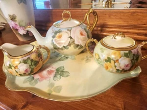 Limoges Hand Painted Rose Tea Pot Set, Artist Signed - Picture 1 of 14