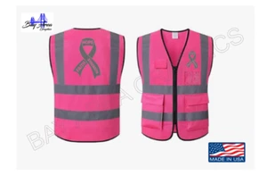 PINK HI-VISIBILITY SAFETY VEST W/CANCER AWARENESS RIBBON & 360*REFLECTIVE STRIPS - Picture 1 of 6