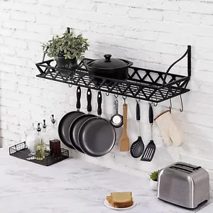 Estante flotante de olla flotante de cocina de metal negro montado en la pared de 36 pulgadas, estante de almacenamiento de utensilios de cocina - Imagen 1 de 7