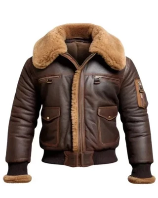 WW2 B3 RAF Brown Mens Bomber Flying B3 Aviator  Fur Shearling Leather Jacket new - Image 1 of 2
