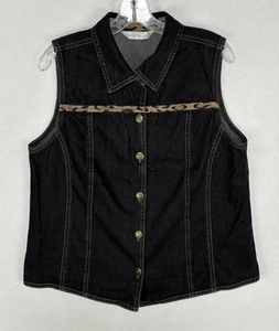 Napa Valley Vest Womens Large Button-Front Sleeveless Black Denim Leopard Stripe - Picture 1 of 7