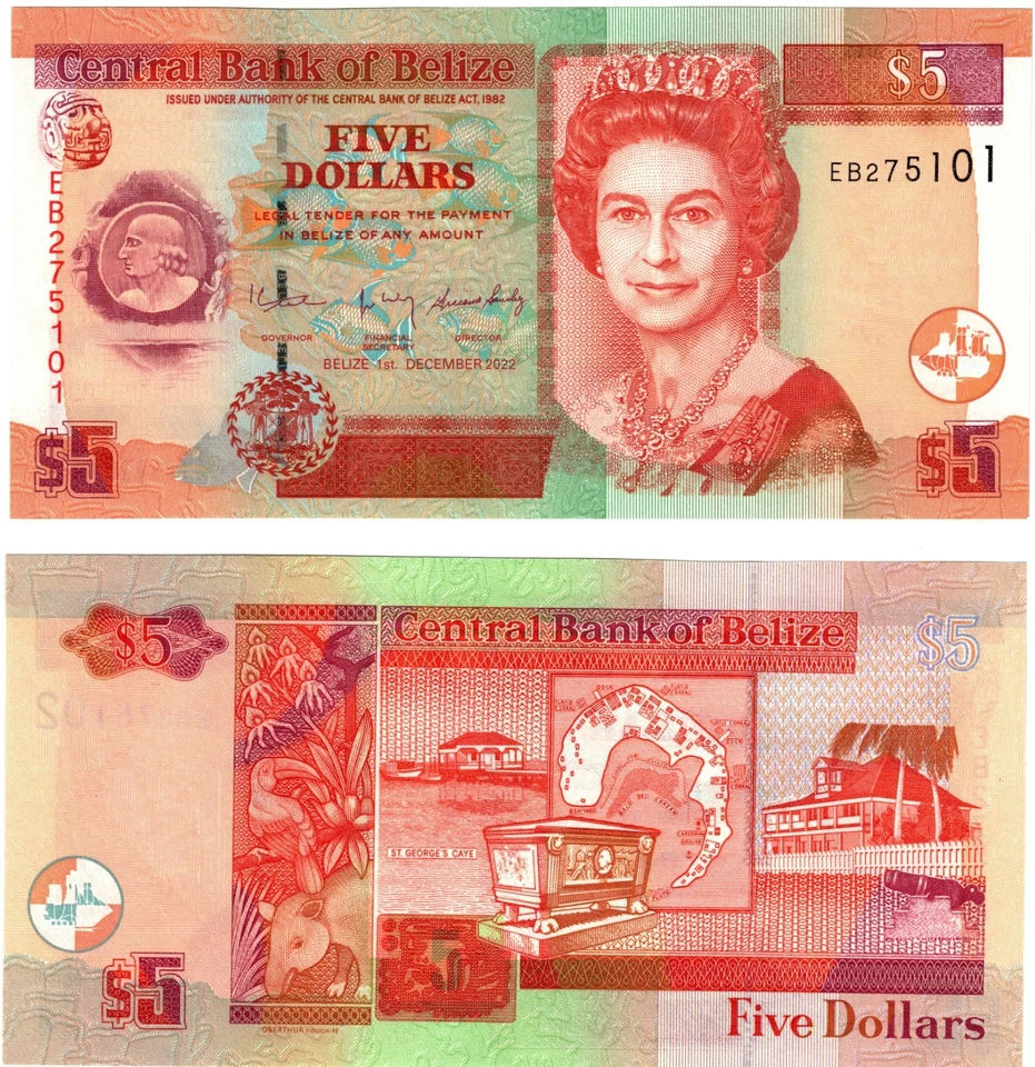 Billete de 5 dólares P67 de Belice 2022 UNC última fecha para QEII Foto 1 de 1