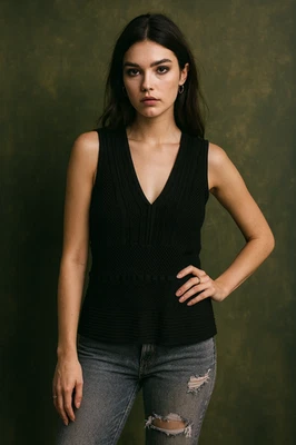 White House Black Market Womens Sweater Tank Medium Black Knit Whimsigoth Grunge - Image 1 of 4