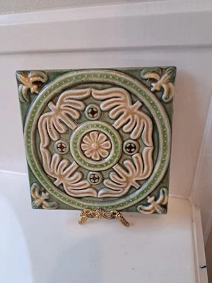 Azulejo Cerámico Antiguo Vintage Floral Art Nouveau Flores Hoja Antigua Victoriano Foto 1 de 4