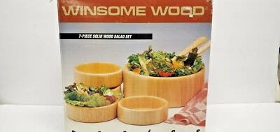 Vintage "1994" BRAND NEW Winsome Wood NATURAL SOLID WOOD 7 Piece Salad Bowl Set  - Image 1 of 4