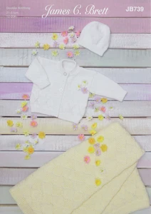 Knitting Pattern Baby Diamond Blanket Cardigan Hat James Brett Double Knit JB739 - Picture 1 of 3