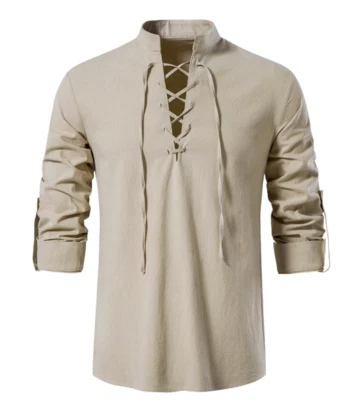 Camisa de lino para hombre cuello en V manga larga informal camisa de verano medieval cosplay camisa Foto 1 de 4