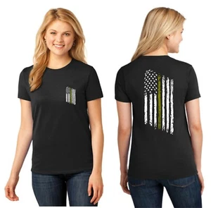 Women's Thin GOLD Line American Flag Dispatcher Police Short Sleeve Shirt - Picture 1 of 3