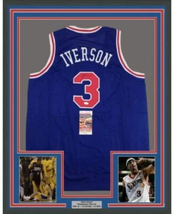 Framed Autographed/Signed Allen Iverson 35x39 Philadelphia Blue Jersey JSA COA - Picture 1 of 2