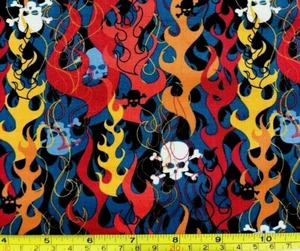 Tina Scrap 9"x21" Skull Flames Bad Ass Biker Halloween FABRIC 100% COTTON - Picture 1 of 1