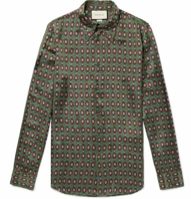 NWT Gucci Green Burgundy Silk Jewel Bee Print Button Down Shirt 40 15.75 $1450 - Image 1 of 4