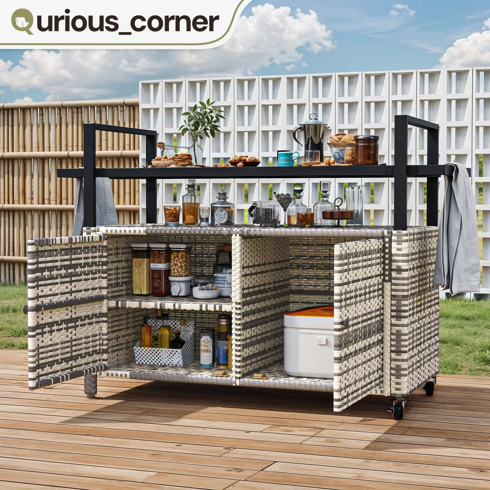 Outdoor Portable Rattan Wicker Storage Bar Cabinet Glass Tabletop w/ Wheels - Image 1 of 4