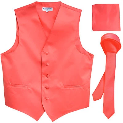 New Men's coral vest Tuxedo Waistcoat_1.5" necktie & hankie set wedding formal - Image 1 of 4