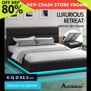 ALFORDSON Bed Frame Queen Double King Single Gas Lift Storage Base Black Leather - Picture 1 of 62