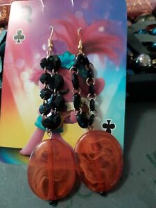 Handmade Dangle drop Earrings 4" Amber and black stones faux