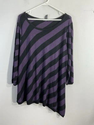 Womans Inc Woman 3x Purple Black Stripe Pull Over Scoop Neck 3/4 Sleeve Sweater - Image 1 of 4