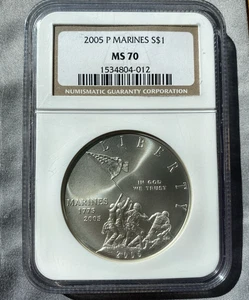 2005 P MS70 S$1 Marine Corps Commemorative Silver Dollar NGC - Picture 1 of 4