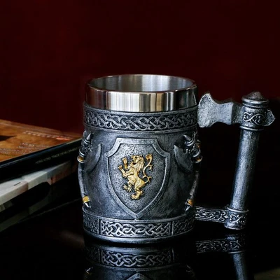 Medieval Viking Axes Mug Gifts for Men, English Gold Lion Shields Beer Steins... - Image 1 of 4