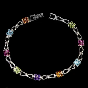 925 Sterling Silver Bracelet Round Peridot Citrine Topaz Gemstone Jewelry 7in - Picture 1 of 13