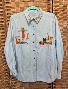 Vintage Karen Scott Denim Halloween Embroidered Button Shirt Pumpkin Buttons! - Picture 1 of 11