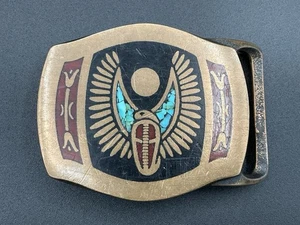 1978 Brass Tech Ether Guild Winged Cobra Turquoise Corall Eagle Belt Buckle - Picture 1 of 7