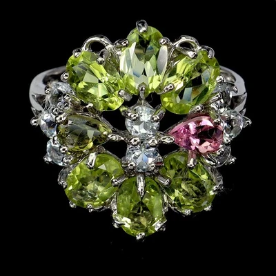 925 Sterling Silver Ring Oval Peridot Aquamarine Tourmaline Gemstone Size 7 - Image 1 of 4