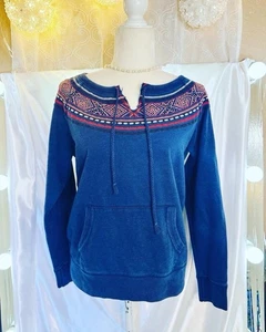 Lucky Brand Y2K Sweater Embroidered SZ M Blue Red Tribal Boho Casual 100% Cotton - Picture 1 of 8